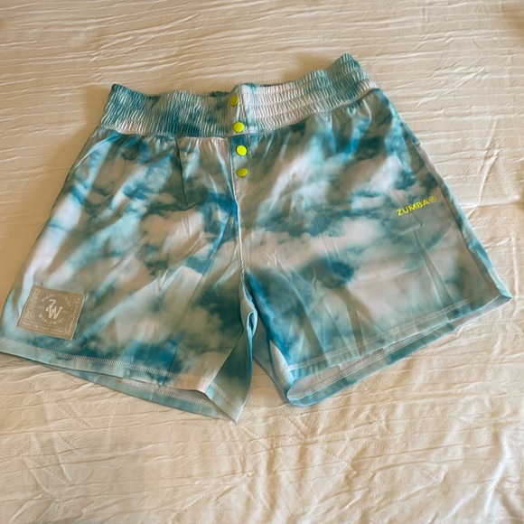Zumba aqua and white tie dye shorts with neon yellow accents - Picture 1 of 6